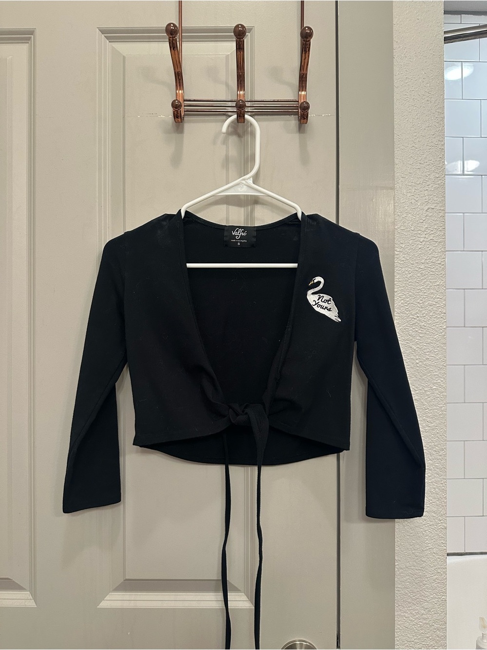 Valfre Black Tie-Front Cropped Top with Swan Patch